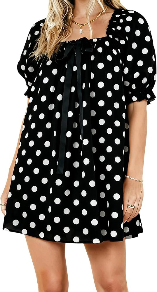 Womens Short Sleeve Polka Dots Mini Dress Summer Going Out Babydoll Elegant Flowy Loose Aesthetic... | Amazon (US)