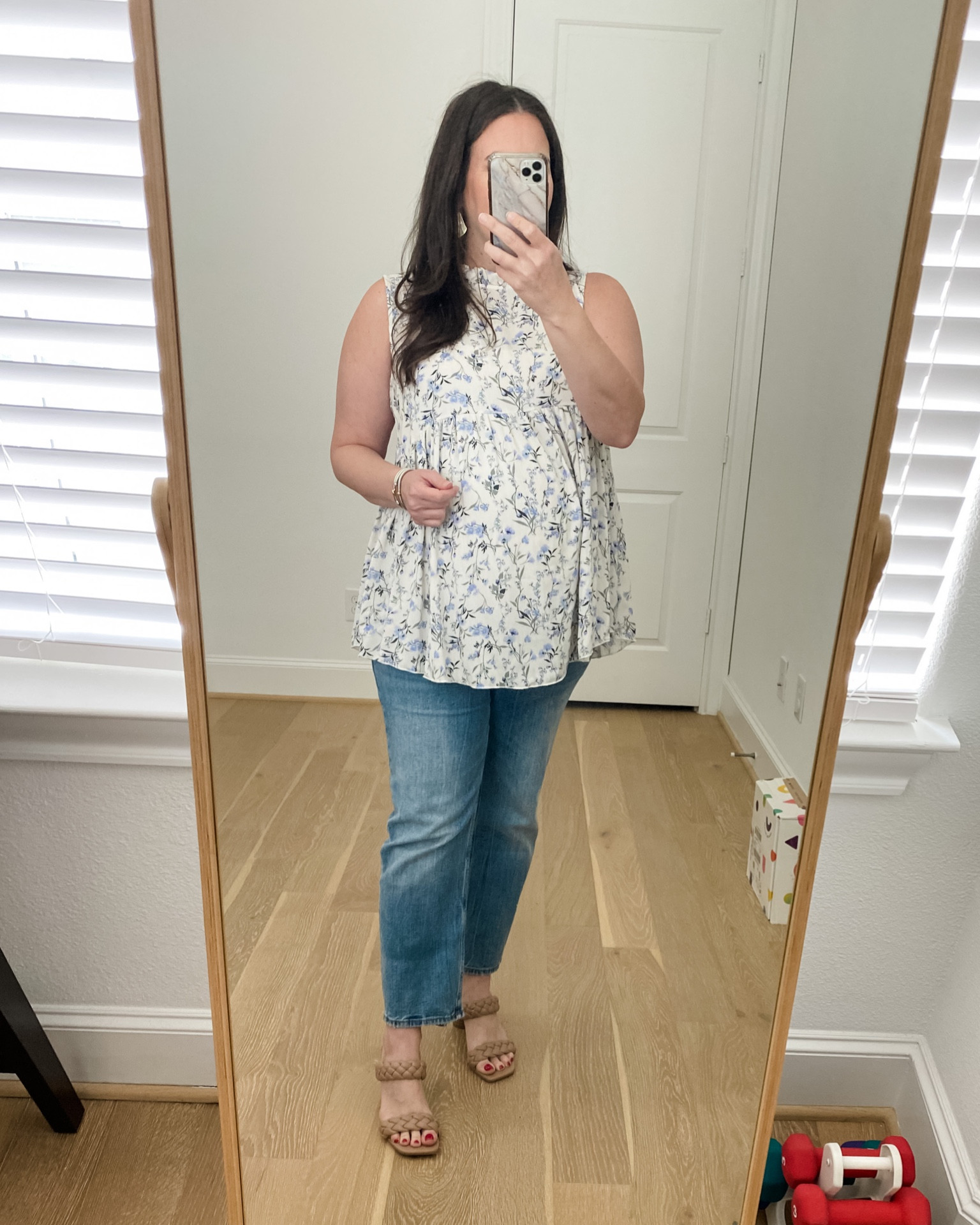 Spring outfit / maternity outfits / sleeveless blue floral top / over the belly maternity jeans / straight leg jeans / braided block heel sandals

#LTKbump #LTKsalealert #LTKSeasonal