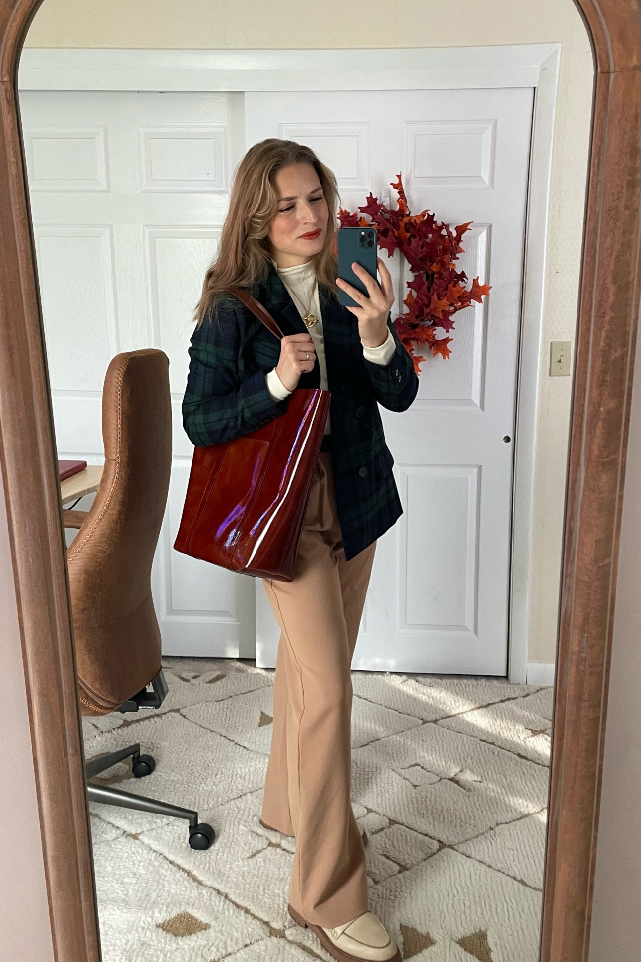Loafers, trousers, wfh, work outfit, professional, tote bag, leather tote bag, boxer, tartan blazer, white loafers, turtleneck, fall outfit, fall fit, fall ootd 

#LTKShoeCrush #LTKItBag #LTKWorkwear