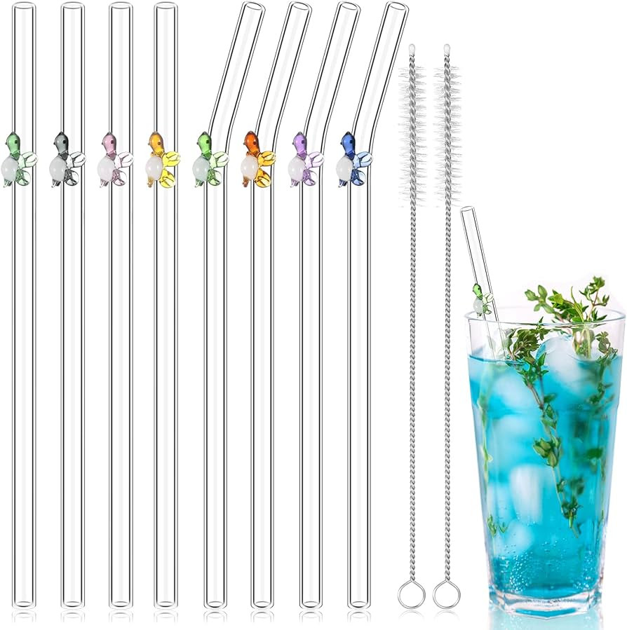 8 Pcs Reusable Glass Straws Shatter Resistant Straws with Design Colorful Cute 8'' Bend Drinking ... | Amazon (US)