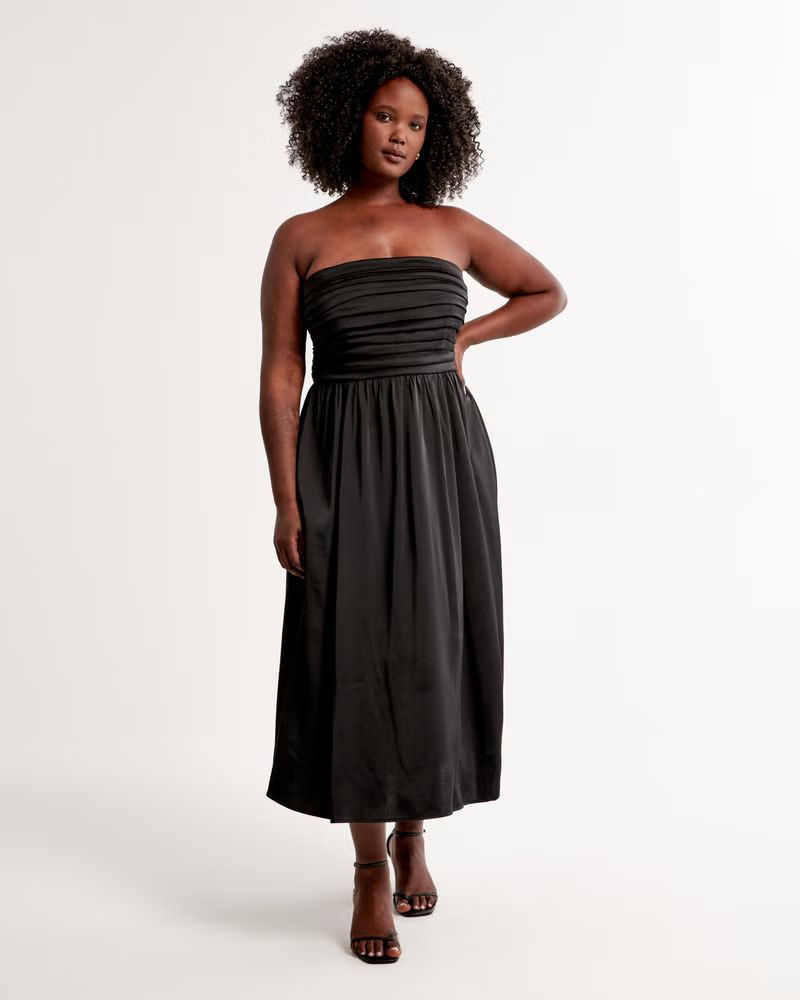 Satin Emerson Ruched Strapless Midi Dress | Abercrombie & Fitch (US)