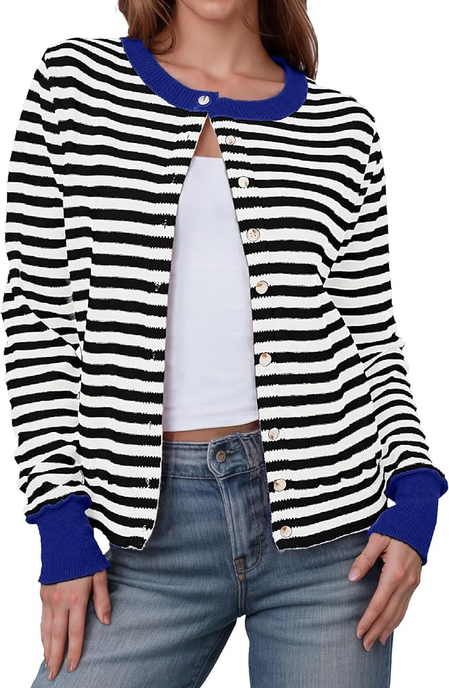 Glamaker Women's Striped Fall Cardigan Sweater Cropped Button Down Knit Long Sleeve Crewneck Fash... | Amazon (US)
