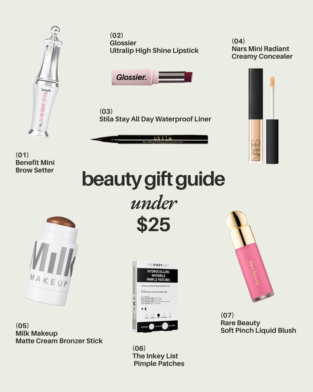 Beauty Gift Guide under $25! These would be perfect holiday gifts or stocking stuffers for the beauty lovers in your life. 

#makeup #milkmakeup #stila #rarebeauty #nars #benefit #glossier #holiday #christmas #blackfriday #stockingstuffer #miniproducts #makeuplovers

 

#LTKHoliday #LTKCyberWeek #LTKGiftGuide