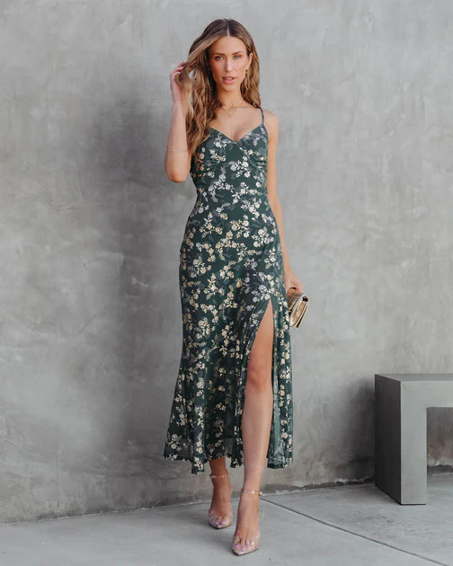 Earned It Floral Metallic Slit Maxi Dress - Green - FINAL SALE | VICI