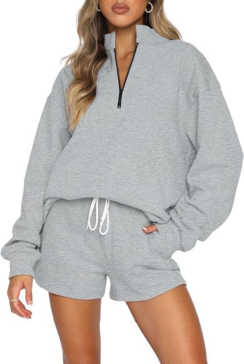Aleumdr Women 2 Piece Outfits Sweatsuit Half Zip Long Sleeve Sweatshirt Lounge Shorts Tracksuit S... | Amazon (US)