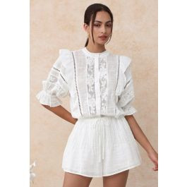 Beachy Vibes Eyelet Lace Inserted Cotton Playsuit in White | Chicwish