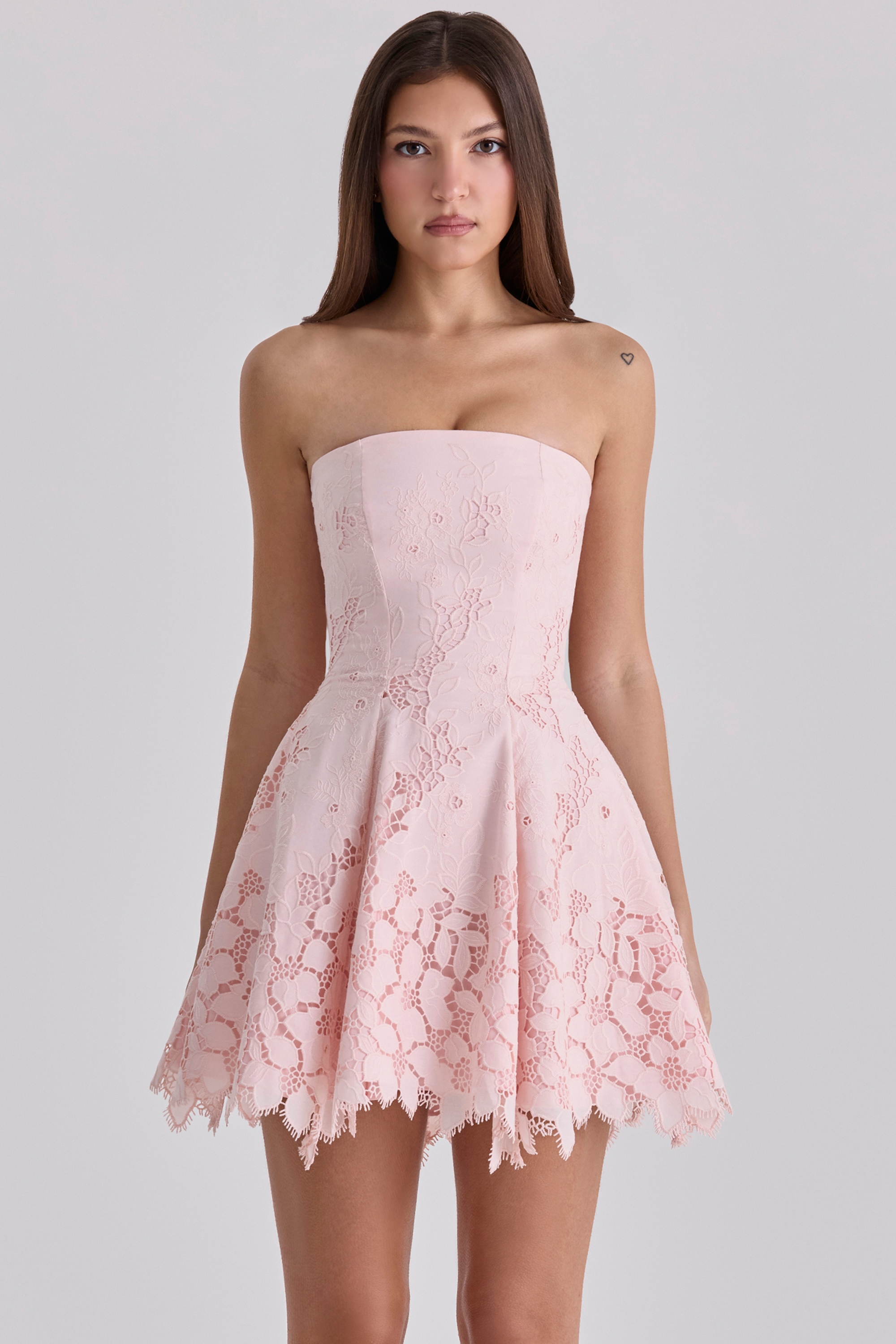 pink strapless cut out broderie anglaise mini dress | House of CB