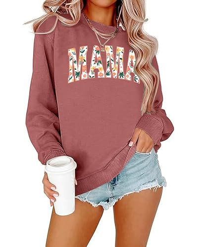 Mama Sweatshirt for Women Mama Letter Embroidered Graphic Long Sleeve Mom Life Shirts Crewneck Pullover Tops Darkpink | Amazon (US)