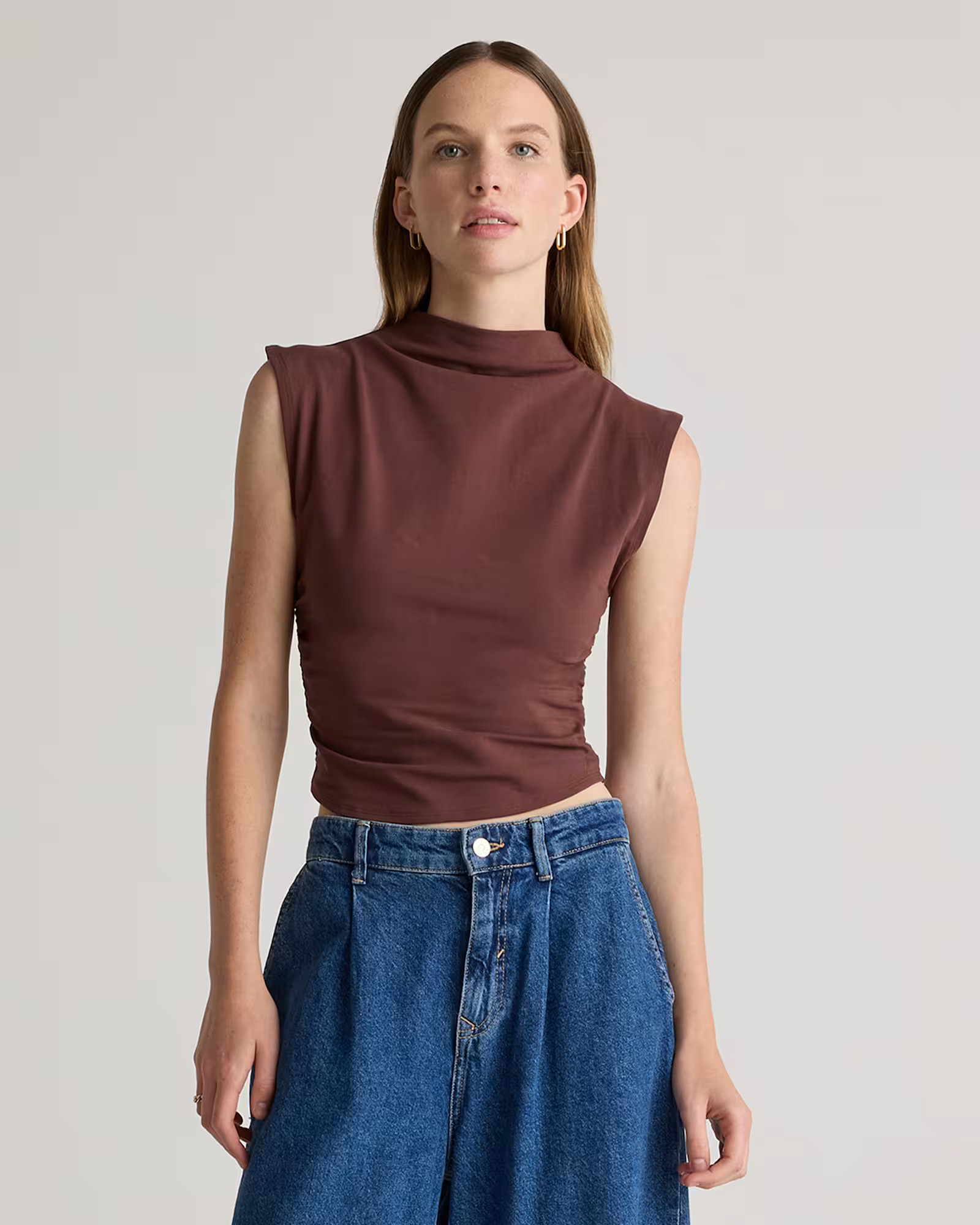 Stretch Cotton Jersey Sleeveless Mock Neck Top in Cocoa | Quince