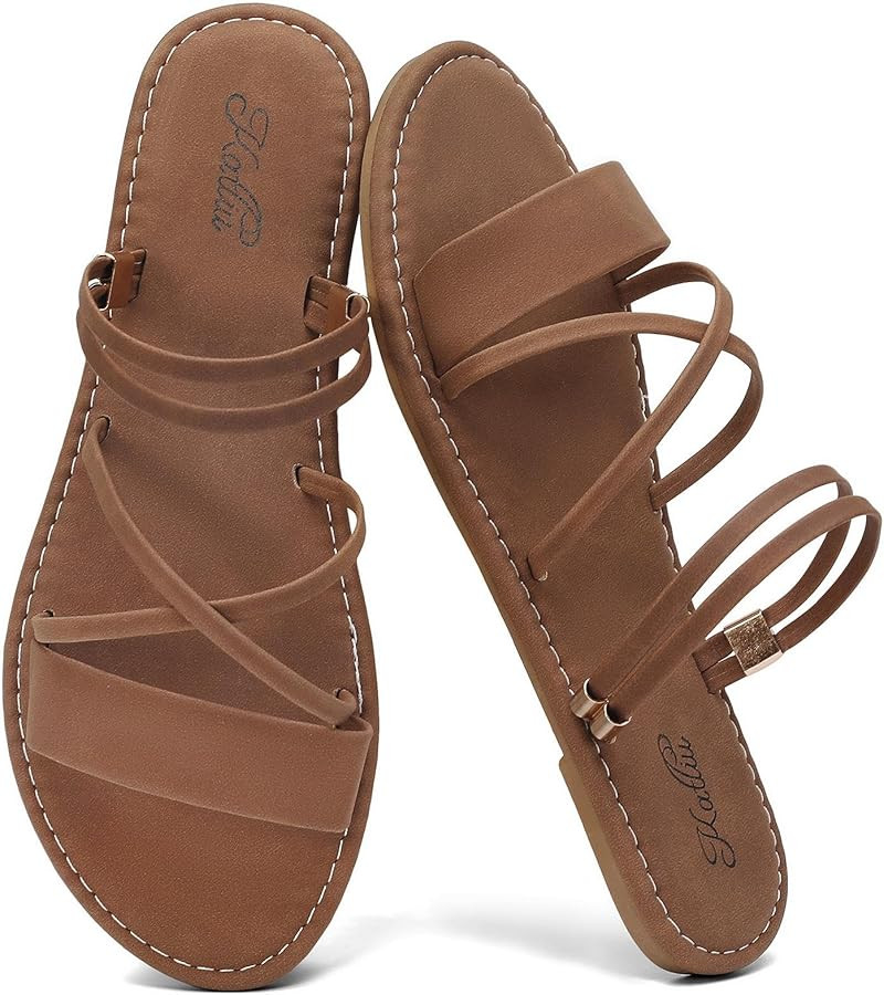 katliu Women's Strappy Flat Sandals Round Toe Slide Sandals Casual Summer Sandals | Amazon (US)