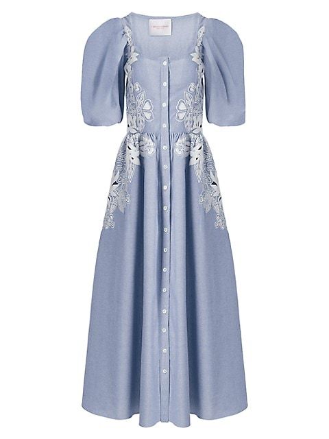 Embroidered Puff Sleeve Midi-Dress | Saks Fifth Avenue
