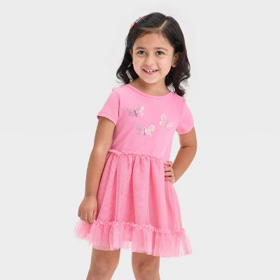 Toddler Girls' Butterfly Tulle Dress - Cat & Jack™ Medium Pink 12M: Short Sleeve, Pullover, At Knee Length | Target