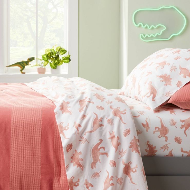 Dinosaur Cotton Sheet Set Pink - Pillowfort™ | Target