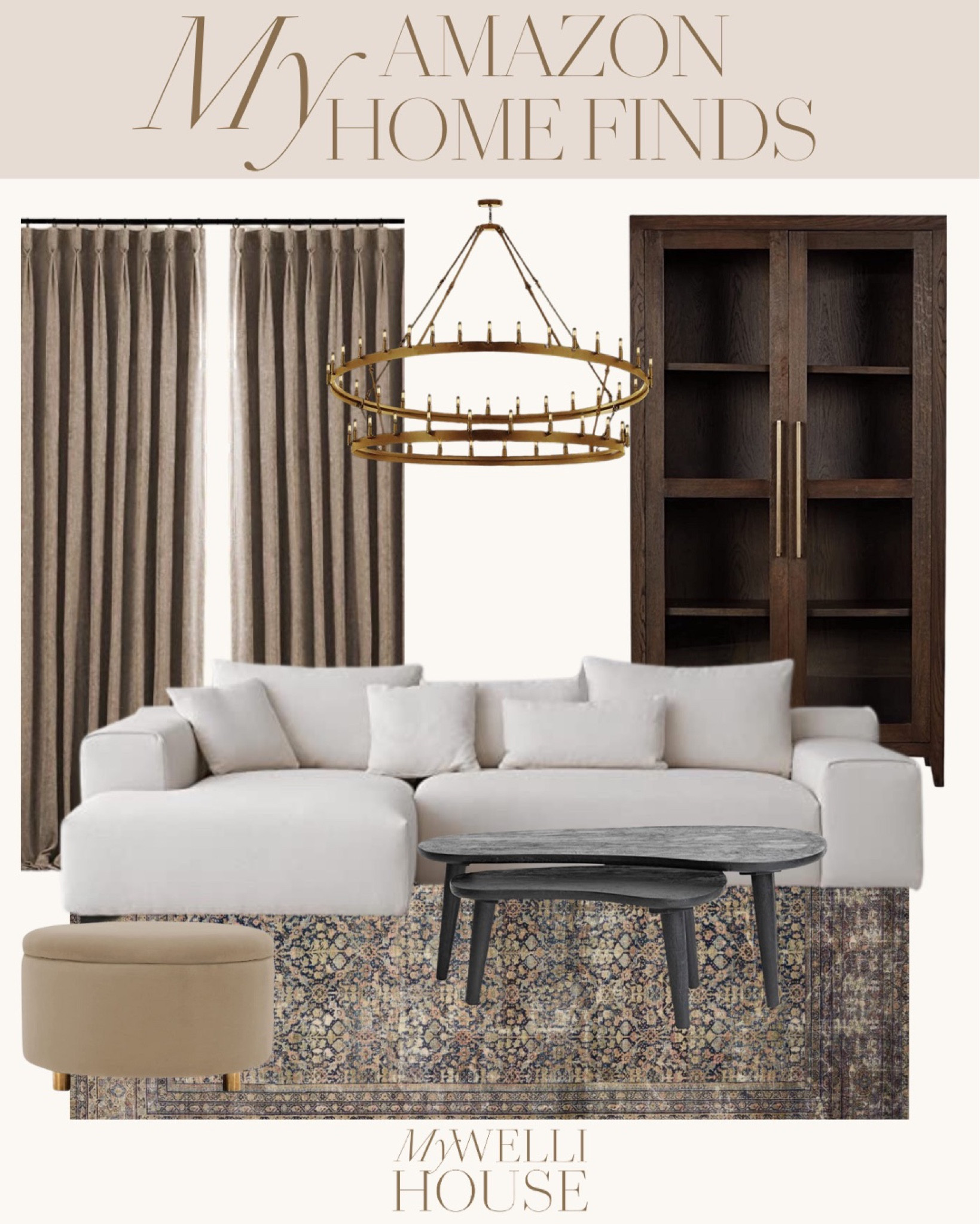 Amazon living room furniture: organic modern designer inspired. Custom curtains, sectional, coffee table display cabinets. 

#LTKFind #LTKunder100 #LTKhome