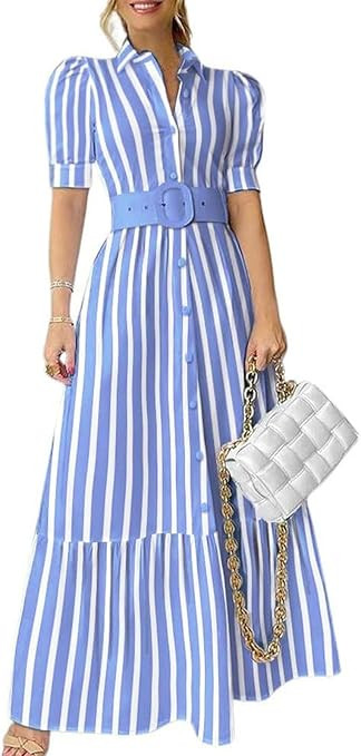 utcoco Womens Striped Button Down Shirt Dress Casual Puff Short Sleeve Ruffle Hem Maxi Dresses wi... | Amazon (US)