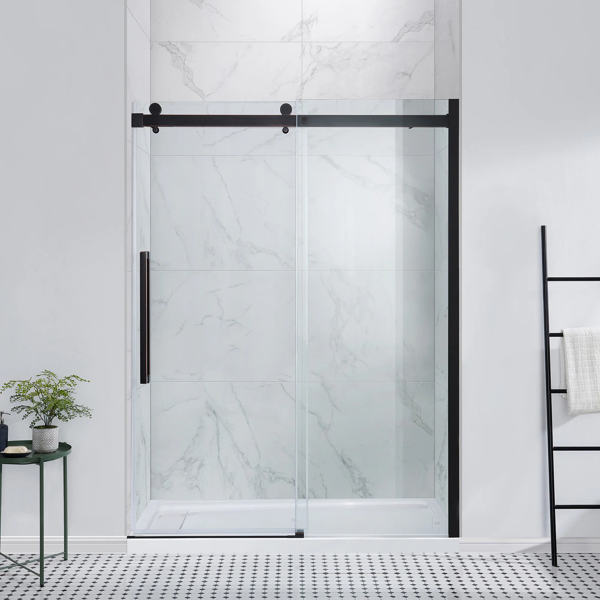 OVE Decors Bel Soft-Close Oil-rubbed bronze 58-in to 60-in W x 78.75-in H Frameless Clear Glass Sliding Soft Close Shower door | 15SGP-BELS60-ORB | Lowe's