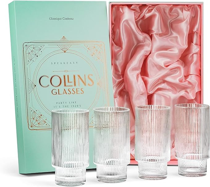Vintage Art Deco Highball Ribbed Cocktail Glasses | Set of 4 | 14 oz Crystal Collins Glassware fo... | Amazon (US)