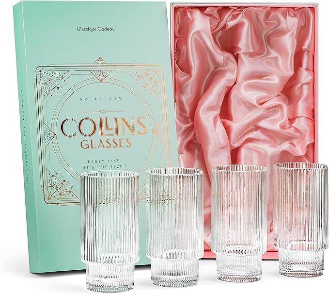 Vintage Art Deco Highball Ribbed Cocktail Glasses | Set of 4 | 14 oz Crystal Collins Glassware fo... | Amazon (US)