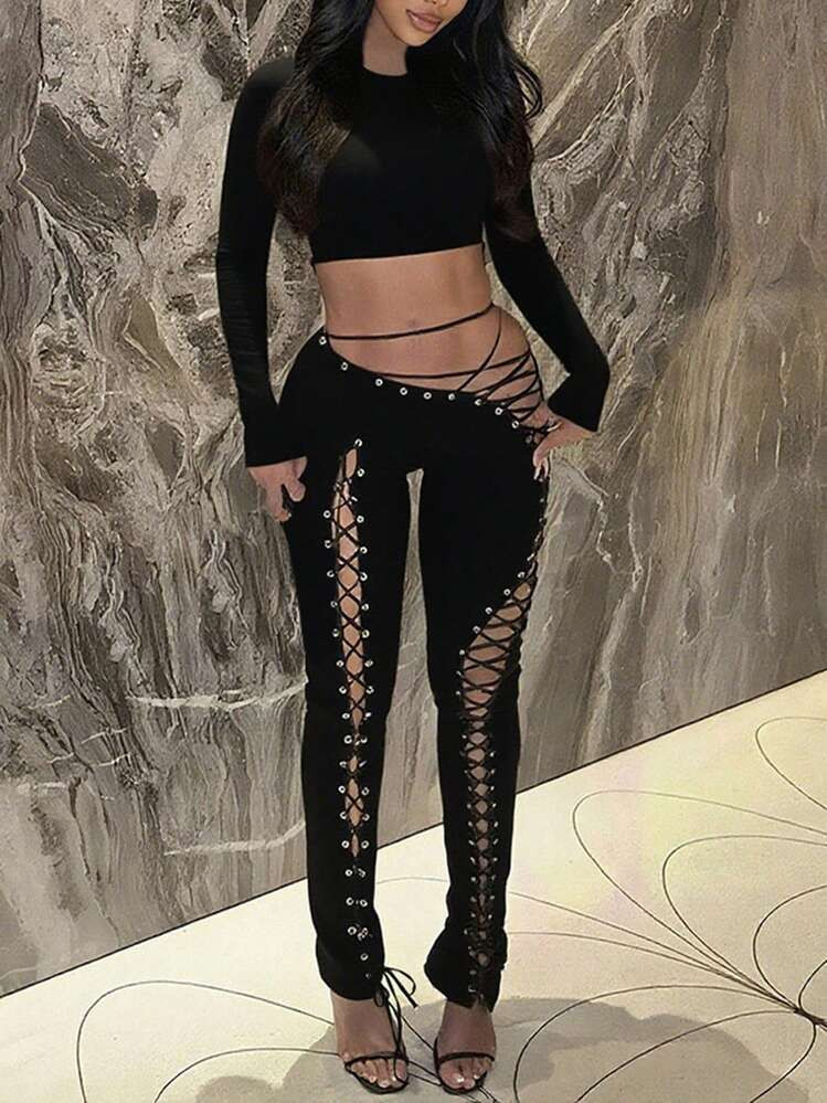 New Women's Long Sleeve Top & Skinny Pants Set, Fashionable Sexy Hollow Out Lace-Up Design | SHEIN