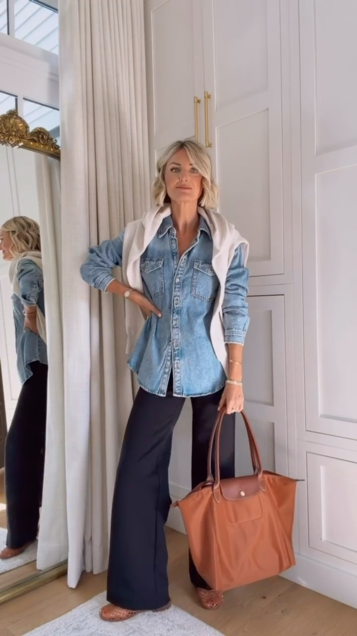 I just added a few more accessories to this look by draping the cream sweater over my shoulders and this tote bag! Perfect outfit for work! Wearing XS/00!

Loverly Grey, fall outfit, fall workwear, denim button downs, wide leg pants, teacher outfit, tote bag, jelly flats

#LTKSeasonal #LTKWorkwear