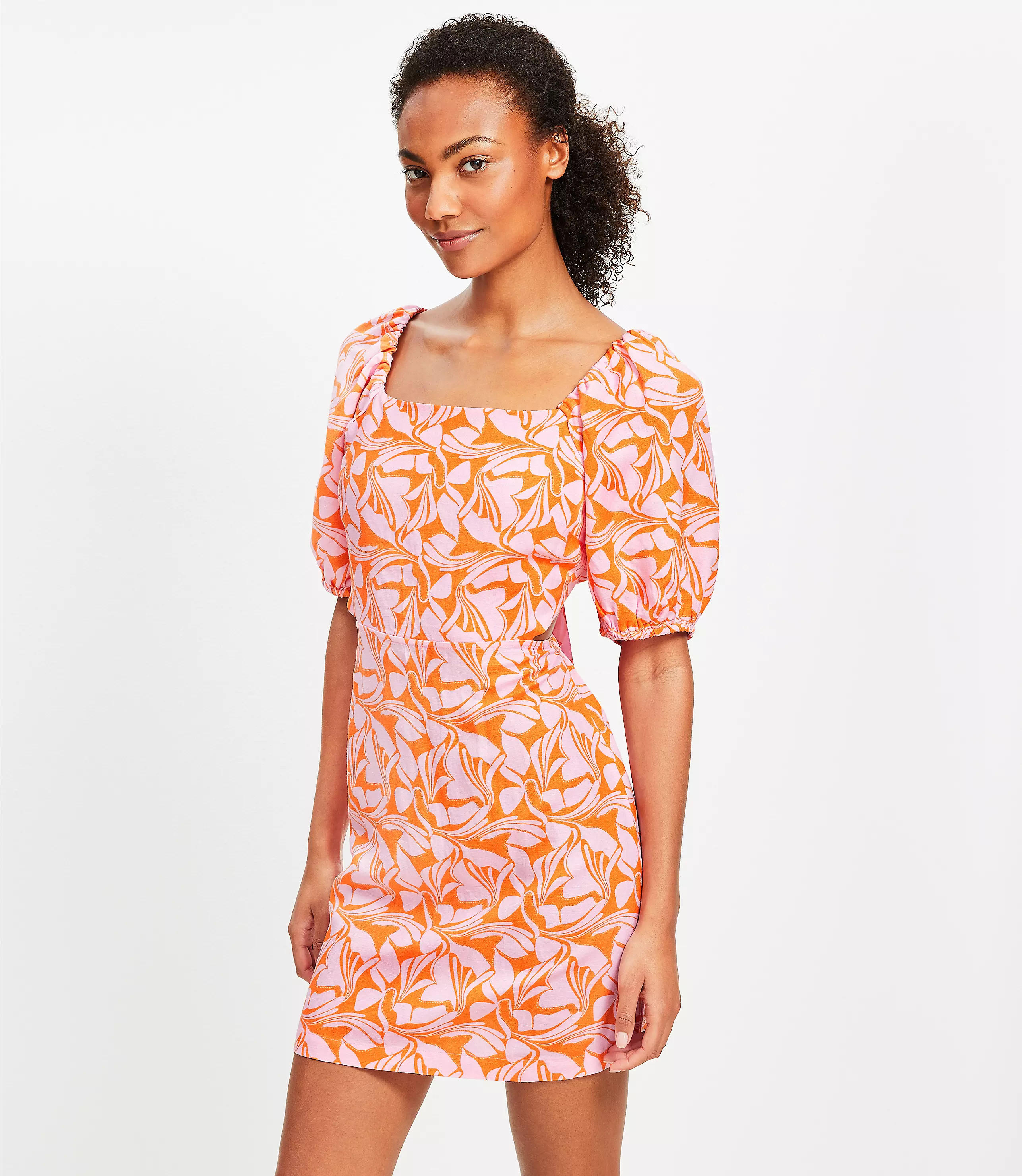 LOFT Beach Swirl Linen Blend Cutout Back Mini Pocket Dress | LOFT