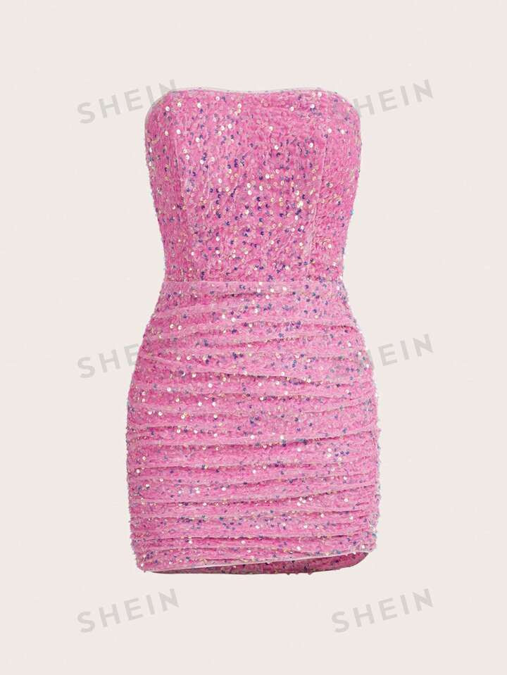 SHEIN ICON Pink Sequin Tube Bodycon Date Night Dress | SHEIN