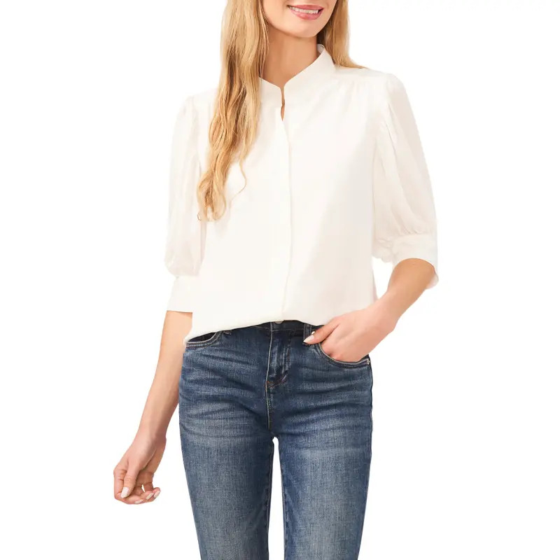 CeCe Puff Sleeve Button-Up Shirt in Cherry Pop Red at Nordstrom, Size Large | Nordstrom