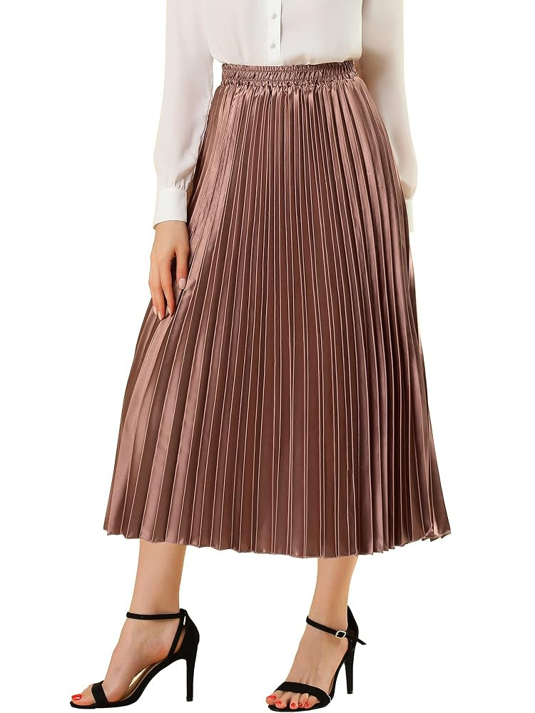 Allegra K Women Pleated Skirt Midi Length Elastic High Waisted A Line Metallic Shirring Party Ski... | Amazon (US)