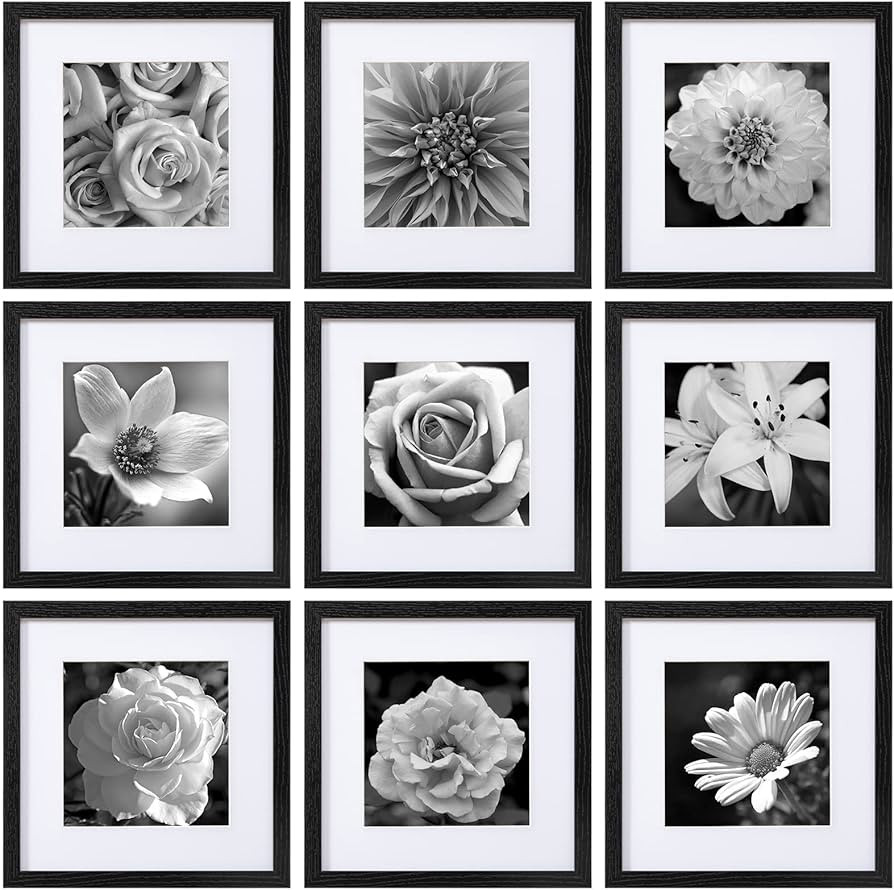 eletecpro 12x12 Picture Frames Black Set of 9, Square Frame Displays 8x8 with Mat and 12x12 witho... | Amazon (US)