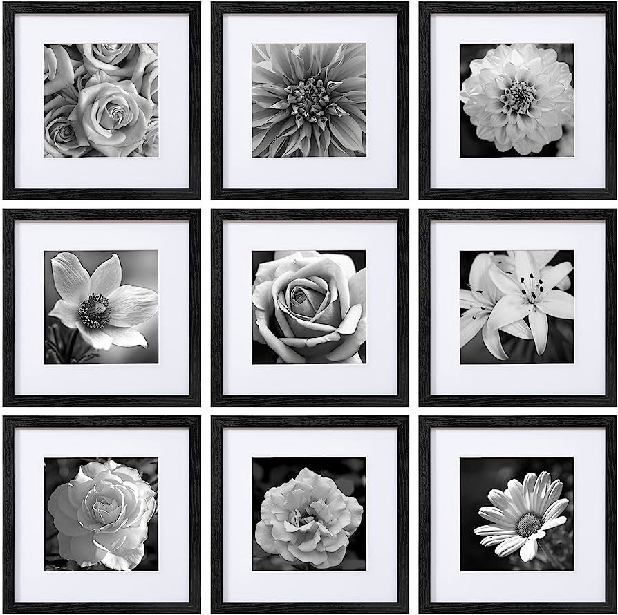 eletecpro 12x12 Picture Frames Black Set of 9, Square Frame Displays 8x8 with Mat and 12x12 witho... | Amazon (US)