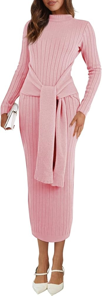 Saodimallsu Womens Long Sleeve Midi Sweater Dress Bodycon Mock Neck Ribbed Knit Tie Waist Fall Lo... | Amazon (US)