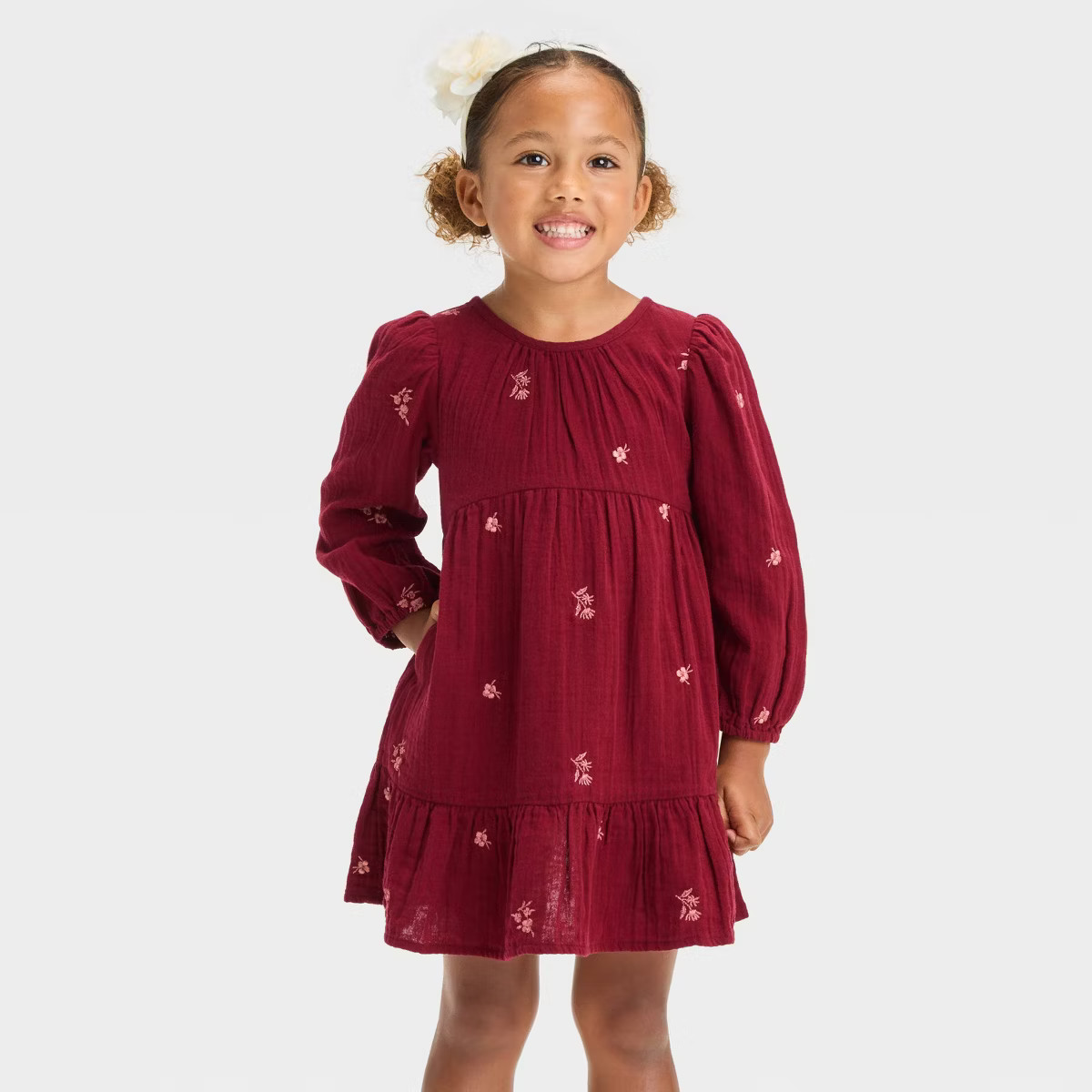 Toddler Girls' Floral Long Sleeve Dress - Cat & Jack™ Dark Red | Target
