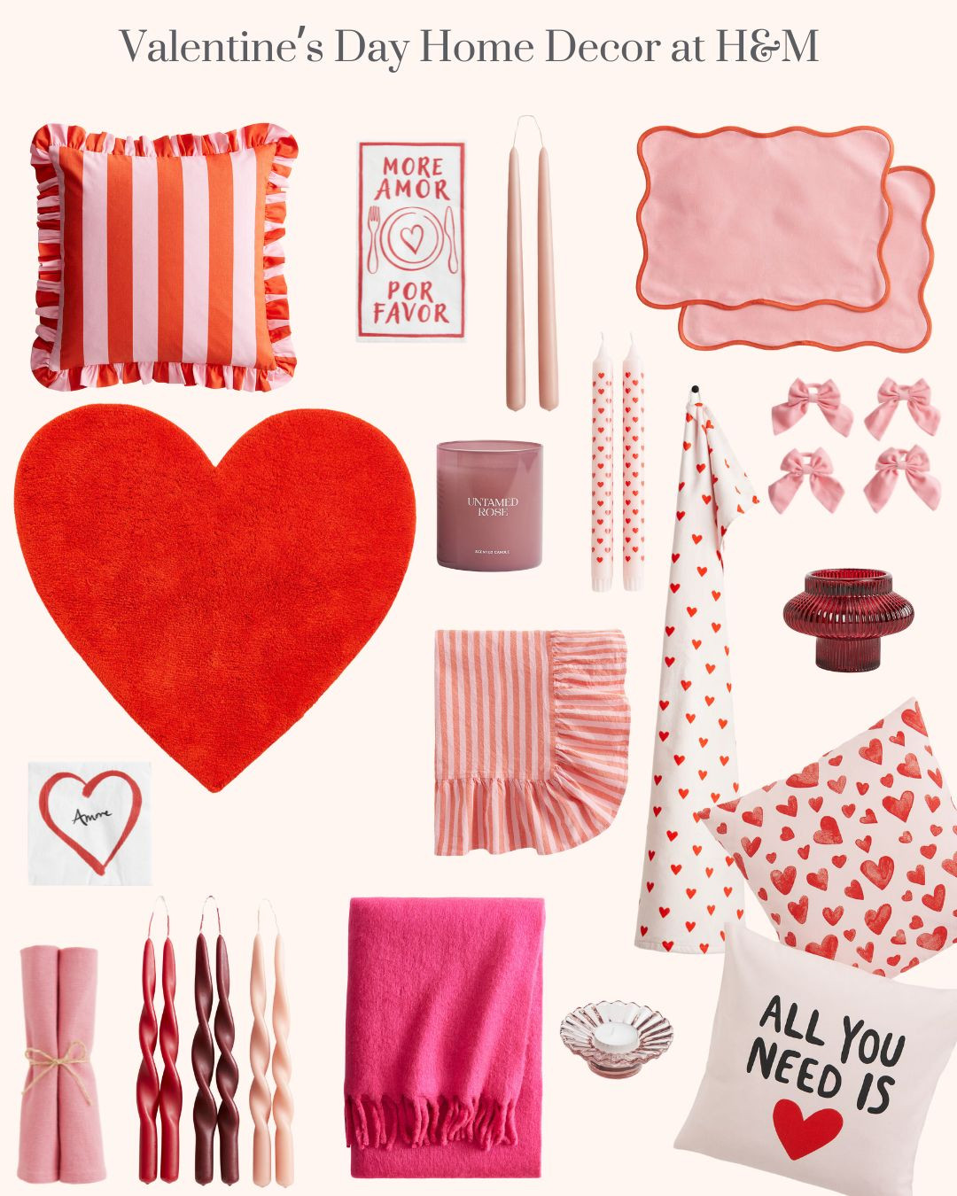 Valentine's Day Home Decor at H&M. Valentines Home Decorations. Red Tufted Heart Rug. All You Need Is Love 2-pack Cushion Covers. Dark Red Glass Candle Lantern. Pink and Red Heart Patterned Bath Towel. Pink and Red 6-pack Spiral Taper Candles. Amore 20-pack Patterned Paper Napkins. Pink and Red 2-pack Wipeable Placemats. Pink and Red Striped Ruffle-trimmed Cushion Cover. Dark Pink Wool-blend Throw. Untamed Rose Scented Candle in Glass Holder. Pink Glass Tea Light Holder. Pink 4-pack Bow Napkin Rings. Pink and Red Heart 2-pack Patterned Candles. Pink Striped Frill-trimmed tablecloth. Pink 2-pack Tapered Candles. 15-pack Paper Napkins.  

 #LTKSeasonal #LTKHome #LTKFindsUnder50