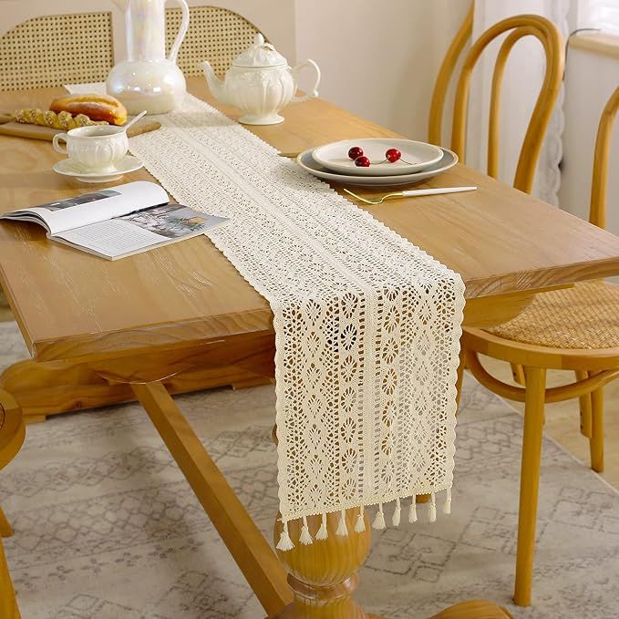 HELERKOL Macrame Table Runner 72 inch Long Vintage Farmhouse Style Cotton Lace Boho Table Runner ... | Amazon (US)