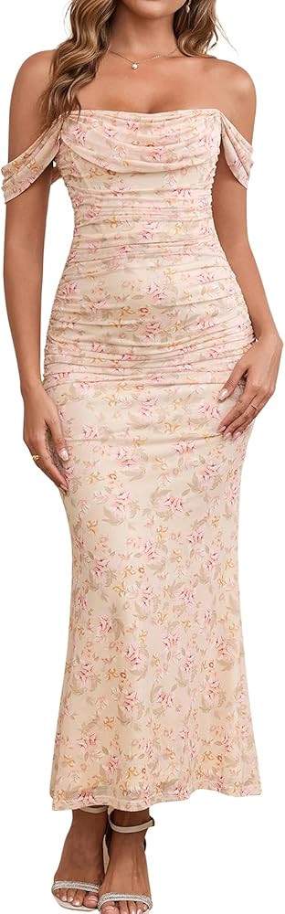 KUTUMAI Off The Shoulder Maxi Long Dress Corset Ruched Bodycon Formal Wedding Guest Dresses for W... | Amazon (CA)