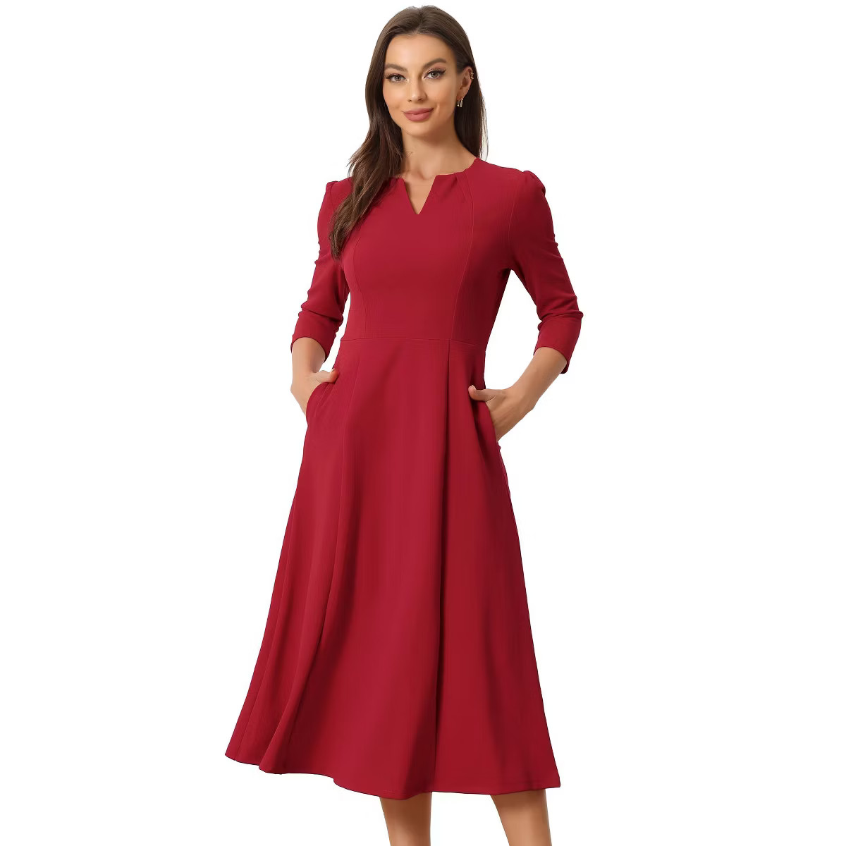 INSPIRE CHIC Women's Elegant Split Neck Side Zipper Pockets 3/4 Sleeve Work A-Line Dress | Target