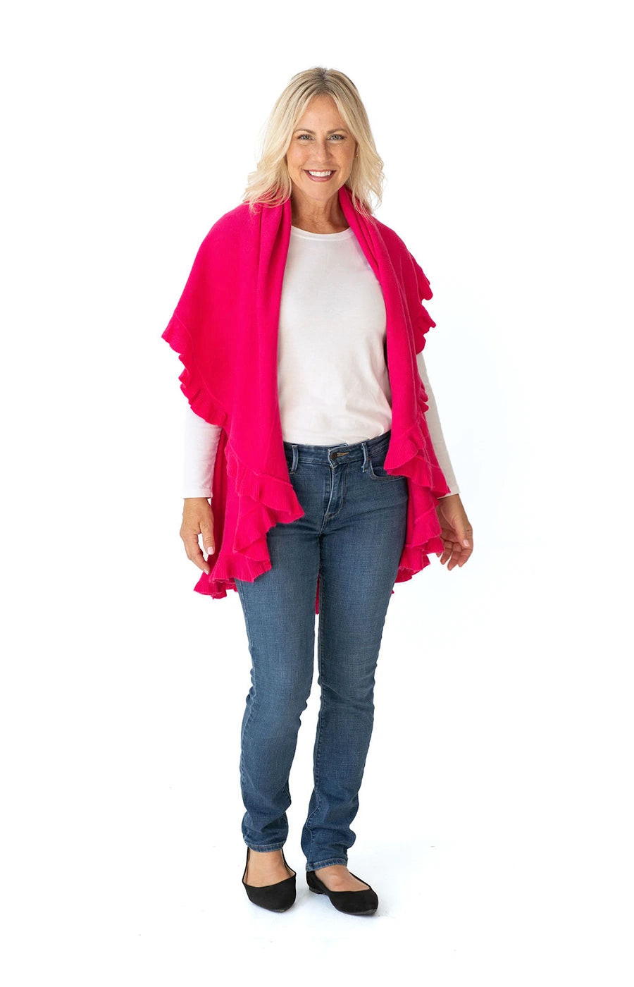Multi Style Shawl Wrap in Hot Pink with Ruffle Trim | Heidi Kagan Designs