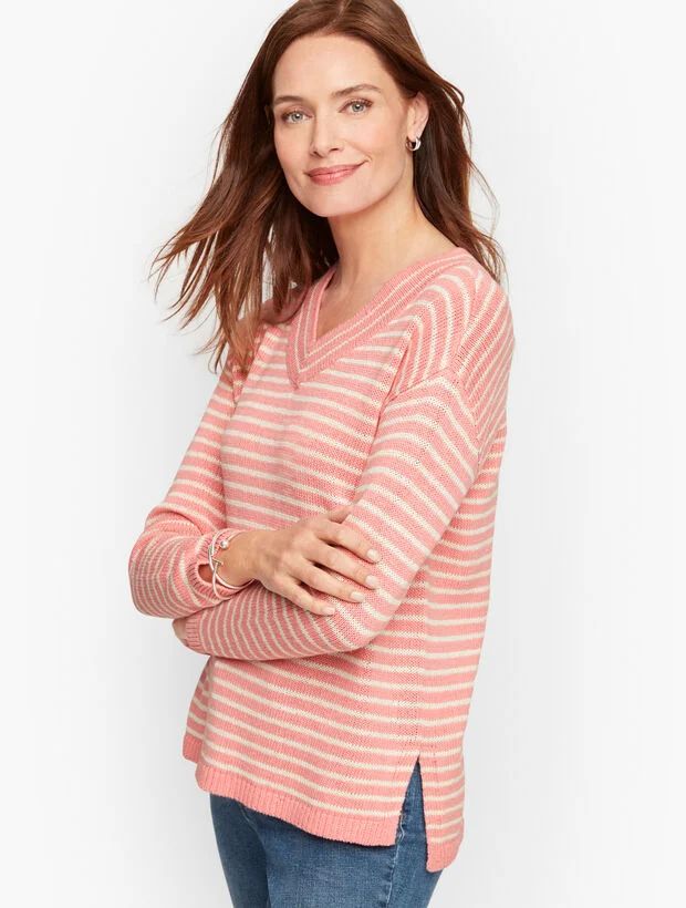 Linen V-Neck Sweater - Stripe | Talbots