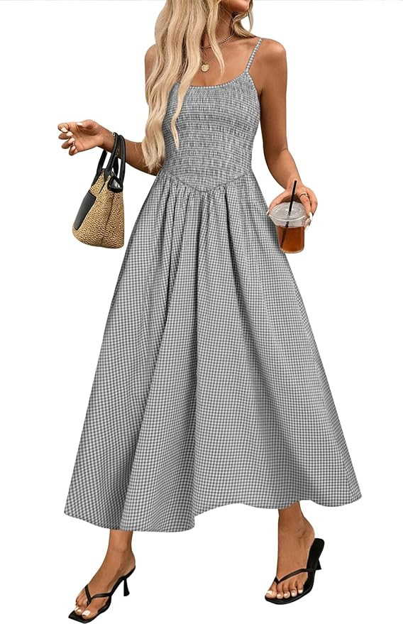 Relipop Women's Summer Midi Dresses 2026 Casual Plaid Sleeveless Spaghetti Strap Smocked Tiered B... | Amazon (US)