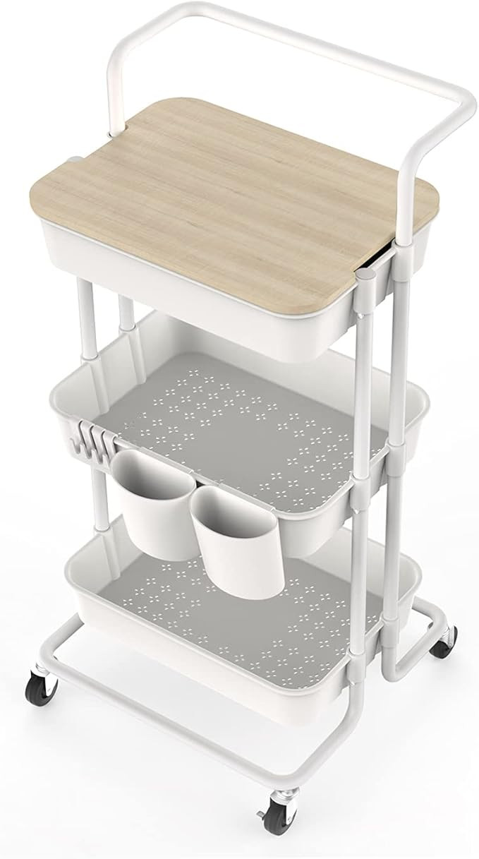 DTK 3 Tier Utility Rolling Cart with Cover Board, Rolling Storage Cart with Handle and Locking Wh... | Amazon (US)