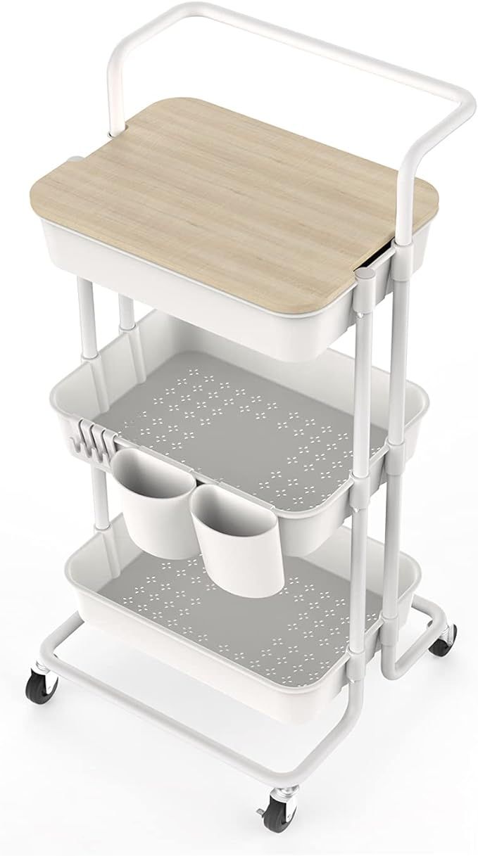 DTK 3 Tier Utility Rolling Cart with Cover Board, Rolling Storage Cart with Handle and Locking Wh... | Amazon (US)
