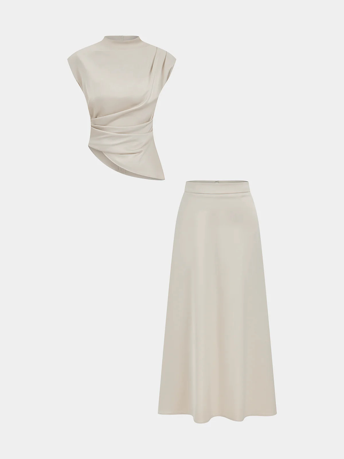 Satin Asymmetric Ruched Top & Midi Skirt Set | Commense