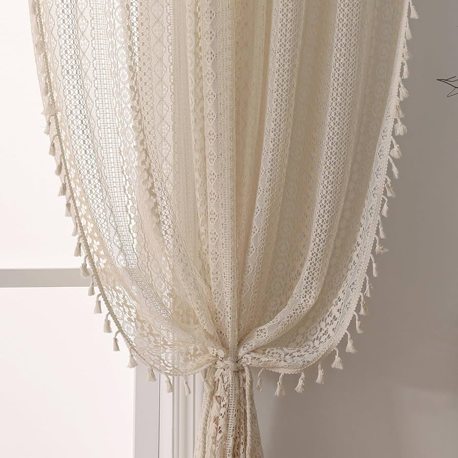 Boho Curtains for Living Room Lace Curtains 84 Inches Long 2 Panel, Rod Pocket Vintage Tassel Boh... | Amazon (US)