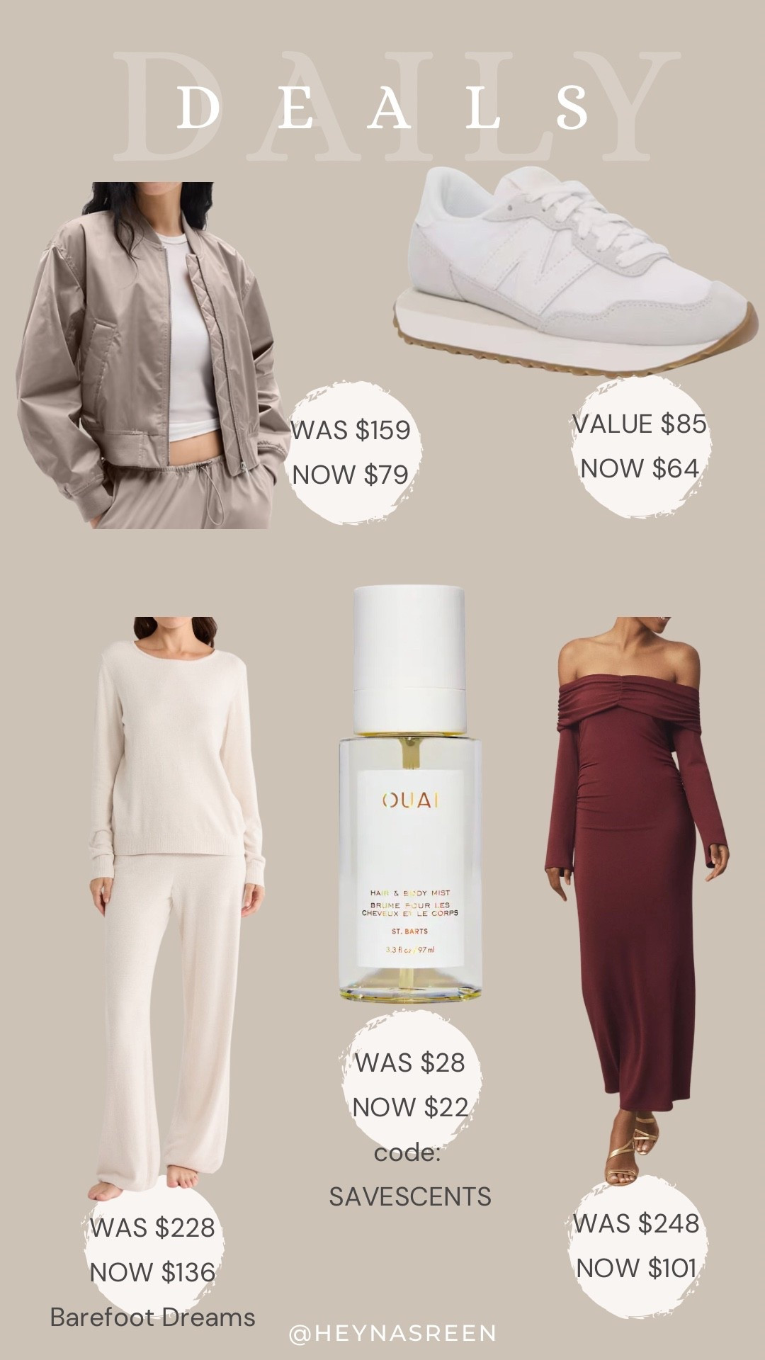 Daily deals on Athleta bomber jacket, New Balance sneakers, Quai hair mist, Anthropologie dress, Barefoot Dreams pajamas 