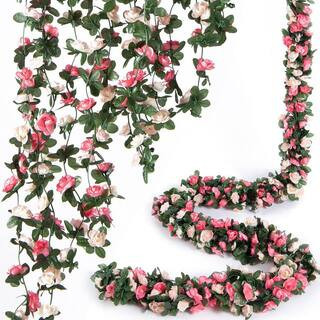 8.2 ft. Pink Artificial Rose Vine Flowers Garland with Green Leaves Hanging for Room and Wedding, Birthday, Arch Decor | The Home Depot