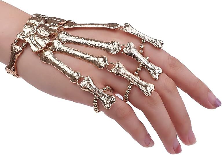 Xerling Gothic Skull Skeleton Hand Bracelet Halloween Metal Hand Bangle Skeleton Bracelet Ring fo... | Amazon (US)
