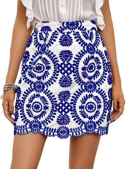 WDIRARA Women's Boho Tribal Print Scallop Trim Summer Zipper Bodycon Mini Skirt | Amazon (US)