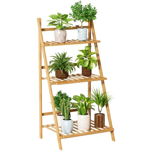 Tazauue Bamboo Ladder Plant Shelf, 3 Tier Foldable Flower Pot Display Rack, Indoor Outdoor Balcony Decor, Freestanding Plant Organizer for Home Patio Lawn Garden Wooden | Amazon (US)