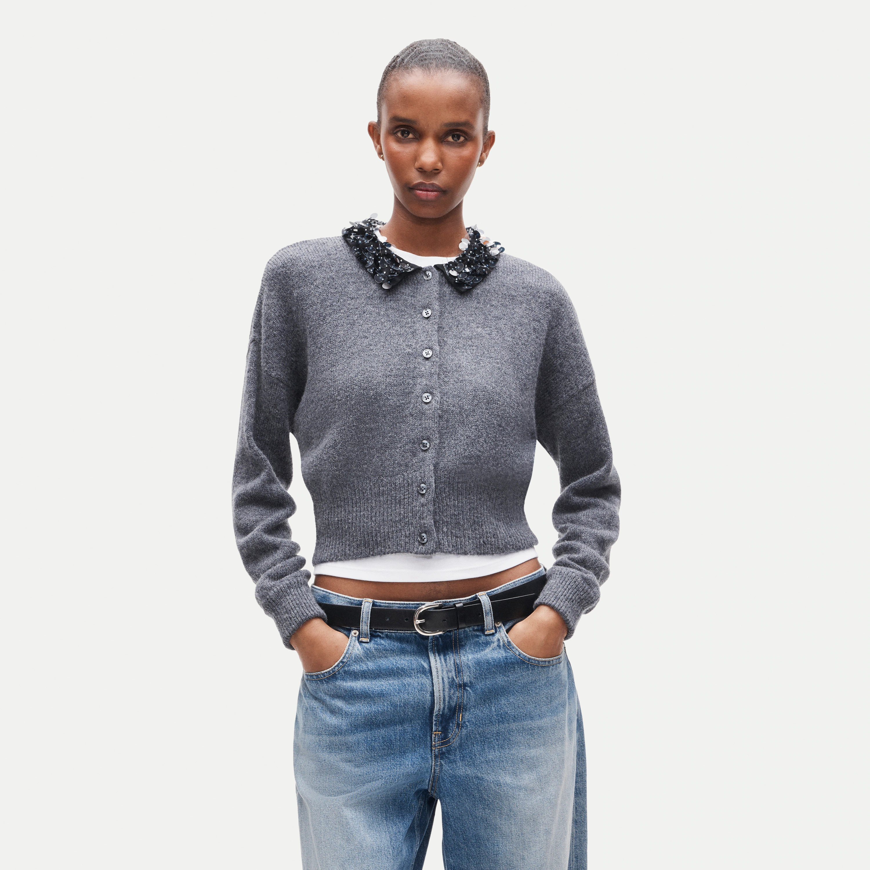 Alpaca-blend cardigan with paillette collar | J. Crew US