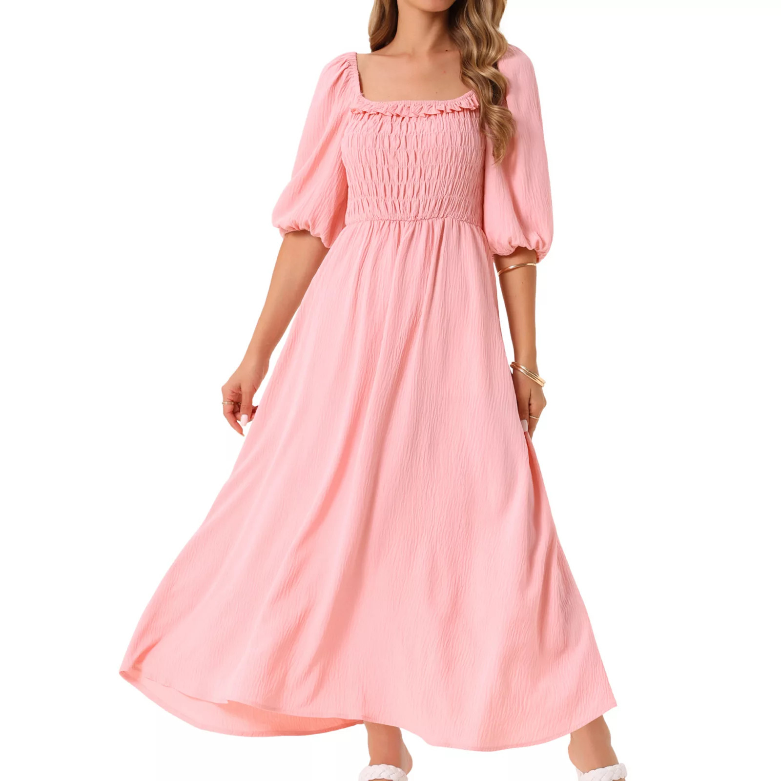Women's Summer Dresses Casual Puffy Half Sleeve Square Neck Smocked Flowy Maxi Dress with Pockets | Kohl's